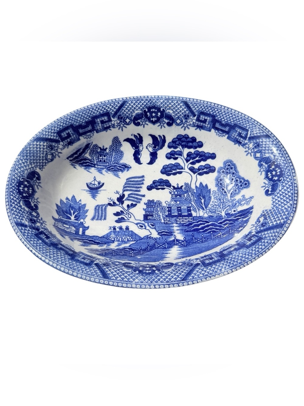 Vintage Blue Willow Oval Serving Bowl Japan Blue White Transferware 10” Coastal